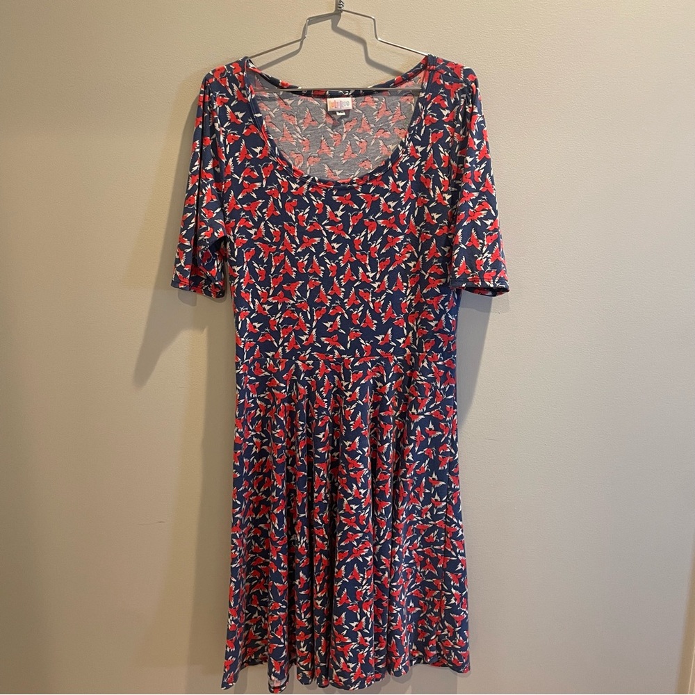 LuLaRoe Nicole Bird Print Dress Red Blue twirl skirt size XL